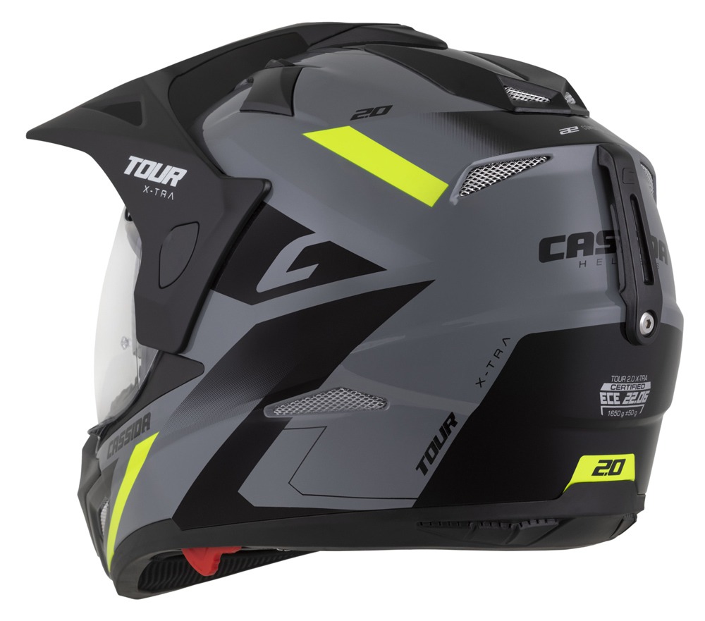 Helmetë moto Cassida Tour 2.0 X-tra, polikarbonat, vizor dielli, gri e verdhë fluo e zezë mat