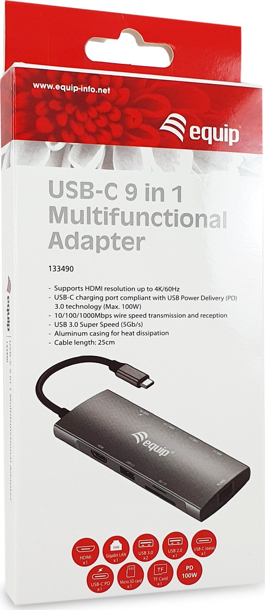 Adaptues USB-C Equip 133490, 9 në 1, HDMI 4K 60Hz, Gigabit LAN, gri