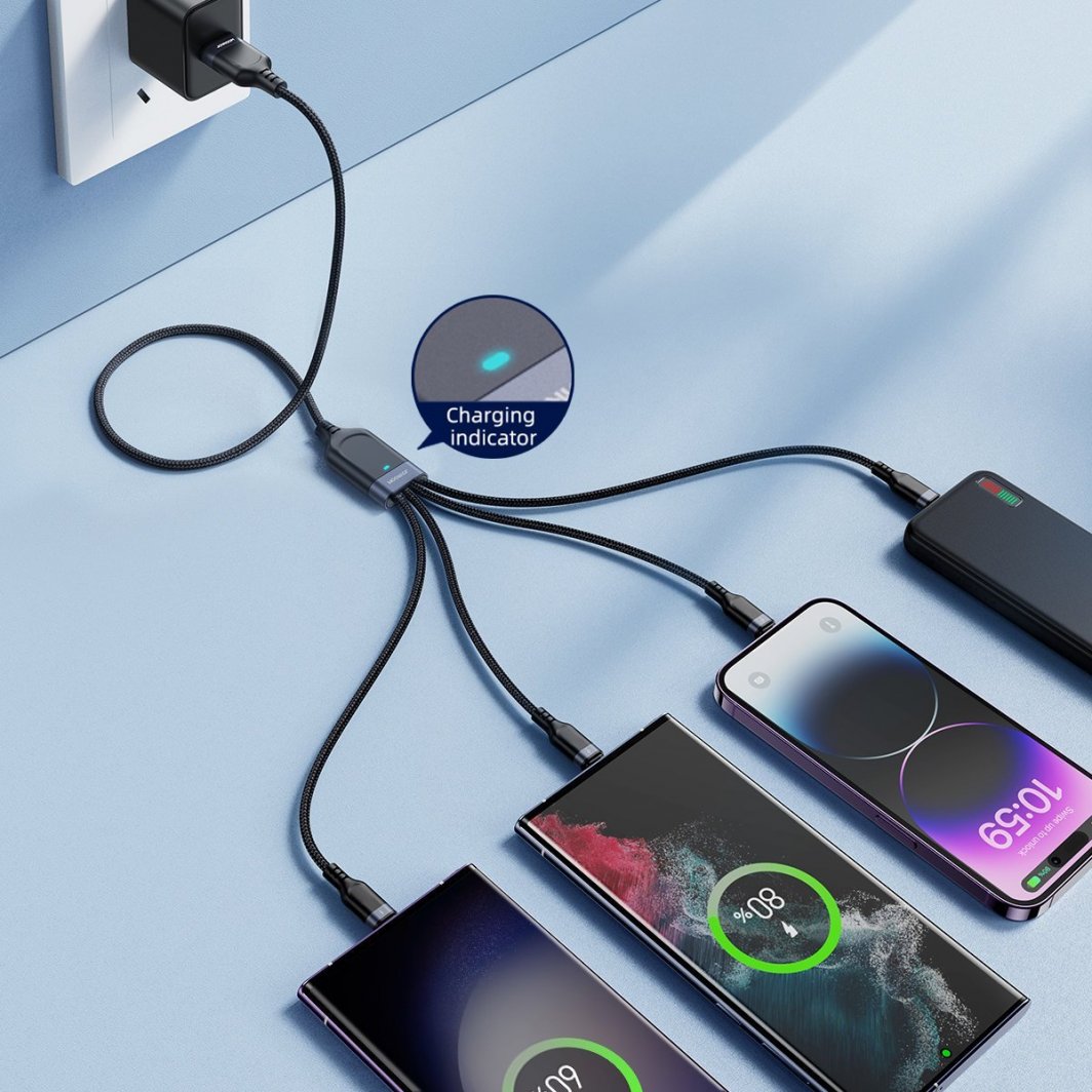 Kabllo USB Joyroom 4in1 JR FC1A1, 1.2m, USB A në Lightning 2x USB C Micro USB, gri