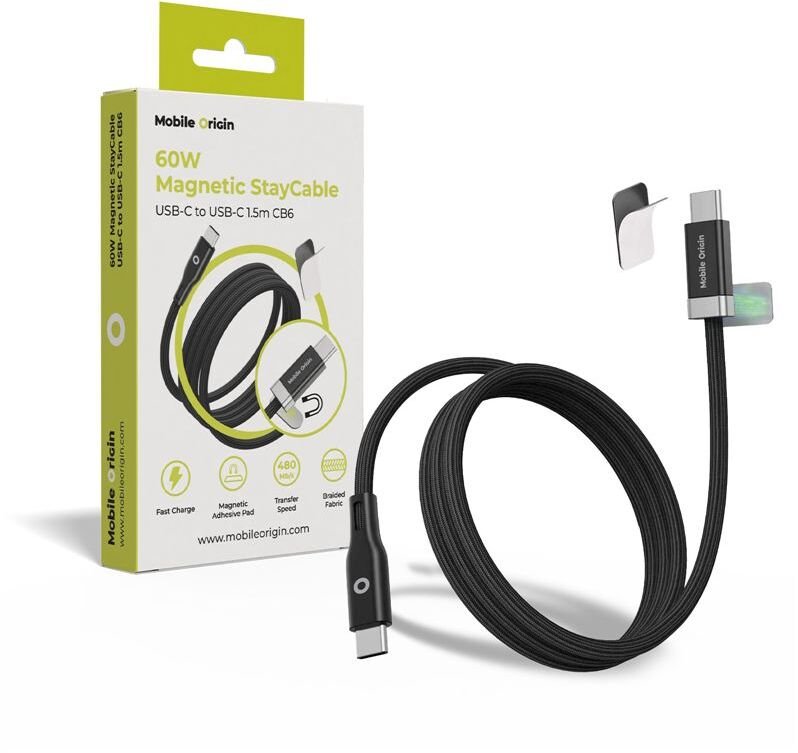 Kabllo karikimi Mobile Origin Magnetic StayCable CB6, USB-C në USB-C, 60W 1.5m, i zi