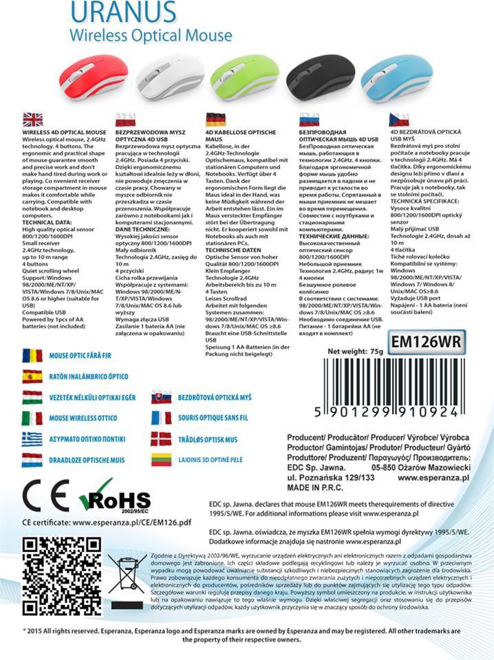 Maus Esperanza Uranus, wireless, USB, i zi dhe i argjendtë