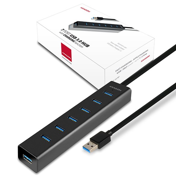 Qendër USB Axagon HUE-SA7BP, 7x USB-A 3.0, 2A, e hirtë