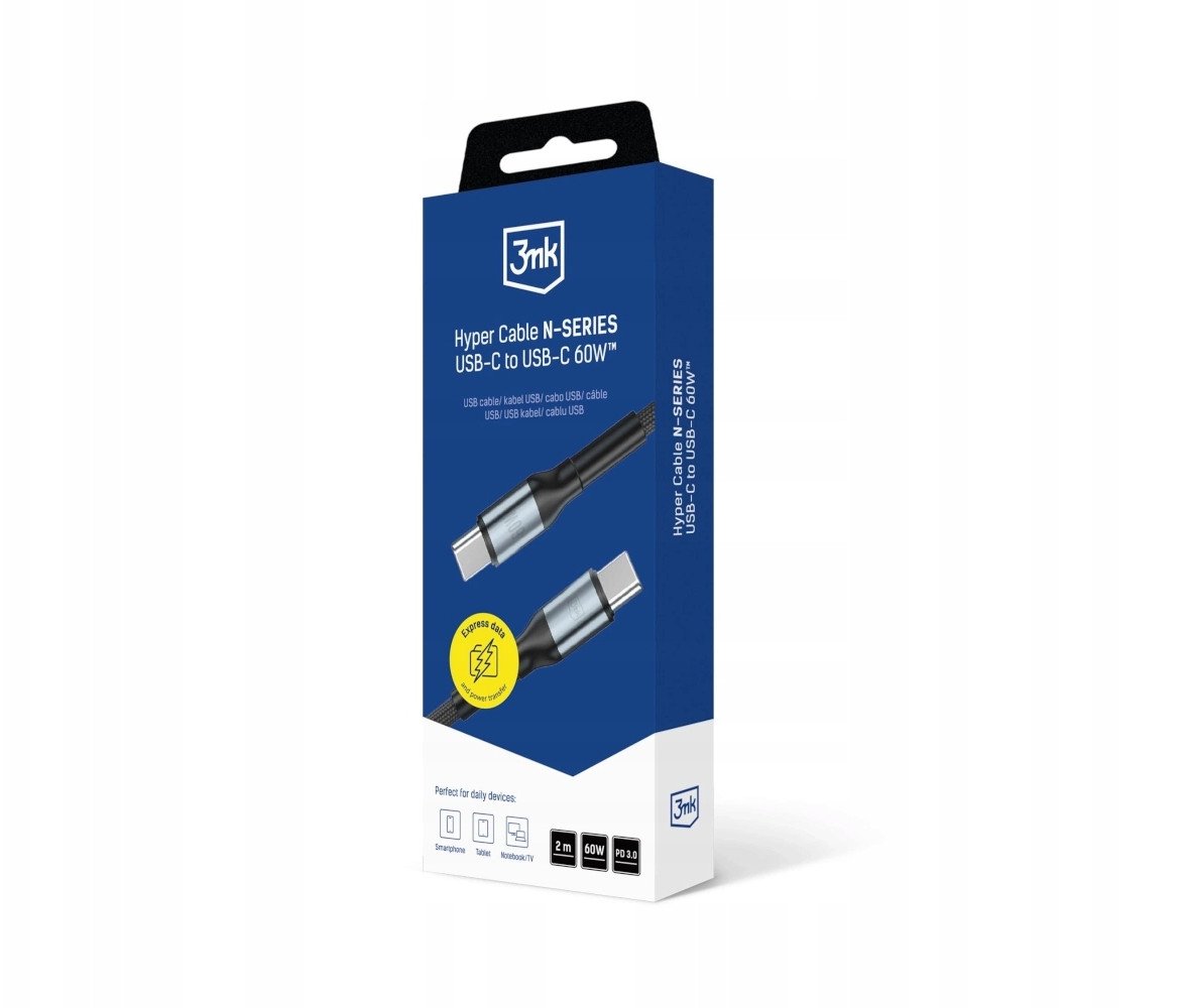 Kabllo USB C 3MK Hyper Cable N Series, USB C në USB C, 2m, 100W, e zezë