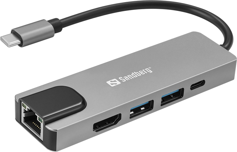 Dock USB C Sandberg 5in1 Travel Dock Saver, HDMI 4K, RJ45 dhe USB 3.0, gri
