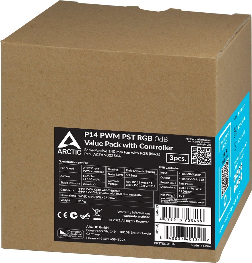 Ftohës Arctic P14 PWM PST RGB 0dB, 3 copë + Hub