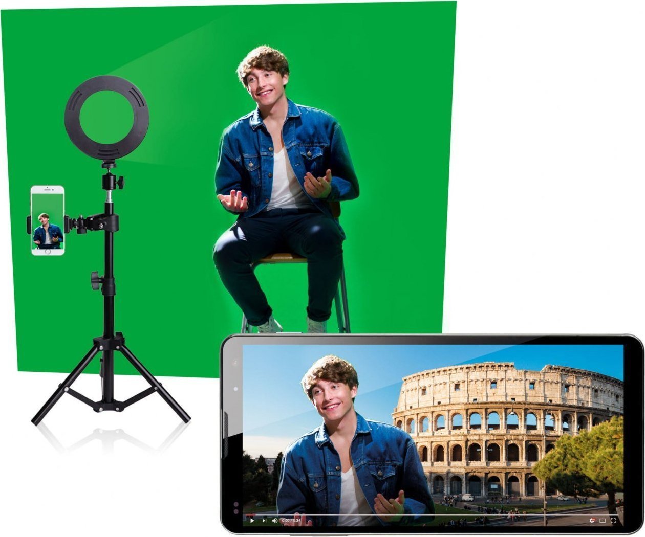 Set studio për krijues EasyPix MyStudio, sfond jeshil 2x3m, tripod dhe ring light LED