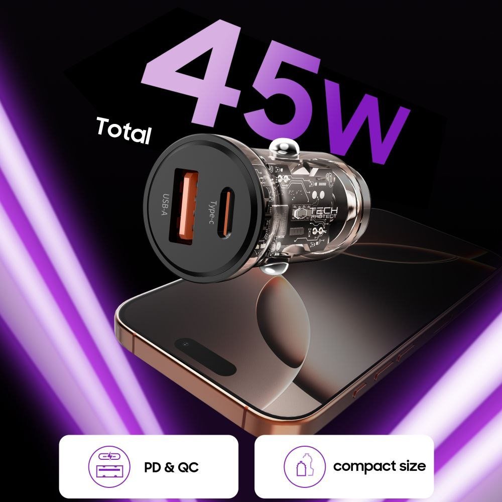 Ngarkues veture Tech-Protect CC01, 2 porta PD45W QC3.0, i zi