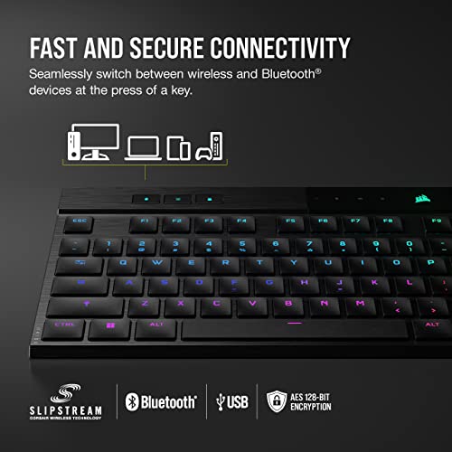 Tastierë gaming CORSAIR K100 Air Wireless, mekanike Cherry MX Ultra Low Profile, RGB, me Bluetooth, e zezë