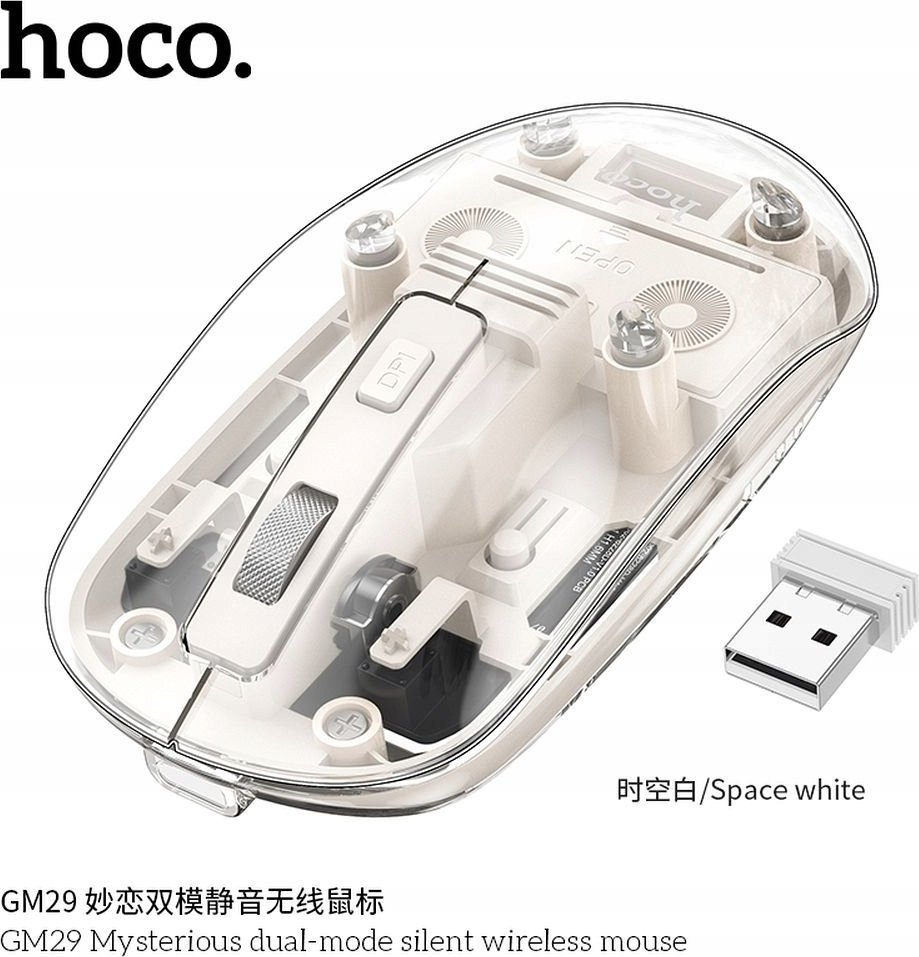 Maus wireless HOCO GM29, Bluetooth 2.4G, 1600 DPI, transparent