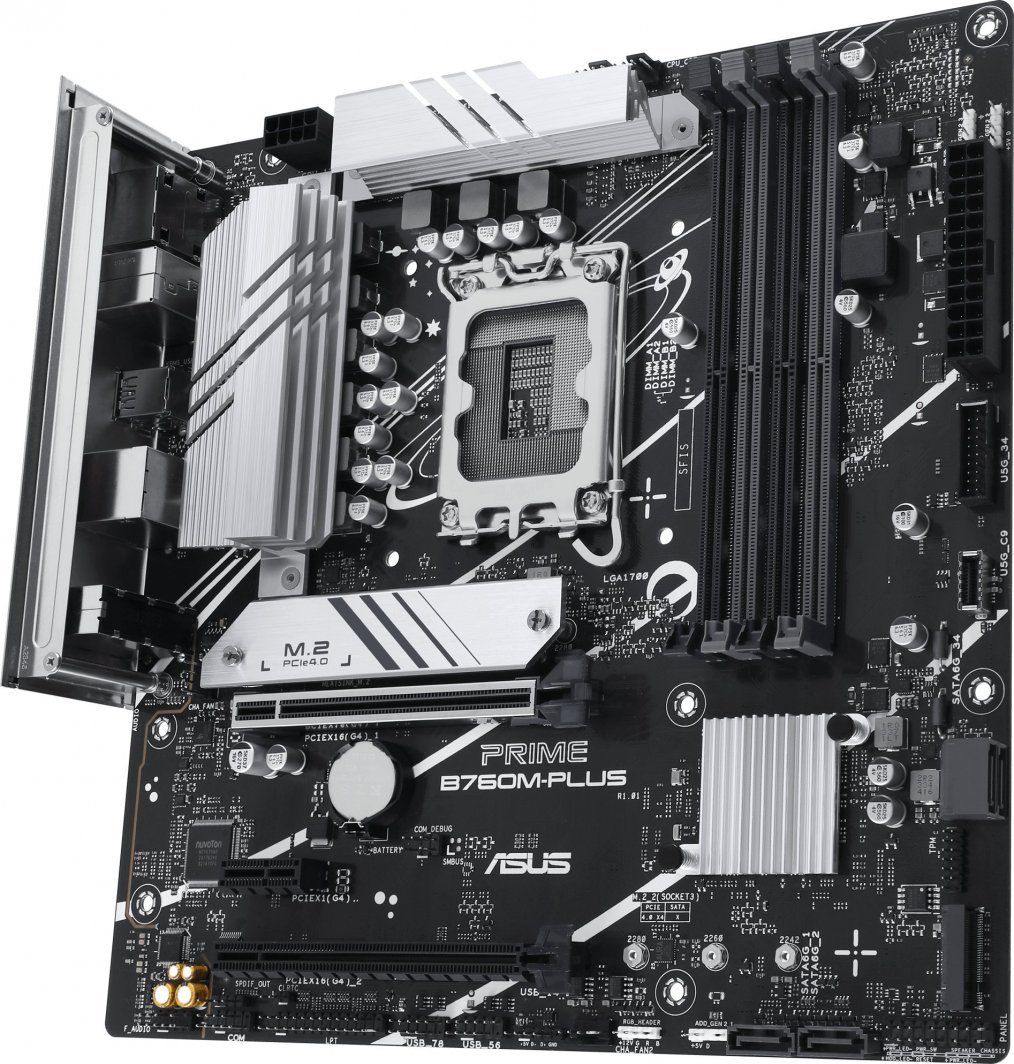 Матична плоча Asus PRIME B760M-PLUS, Intel B760 чипсет, Socket 1700, 4 слотови за RAM, Micro ATX форм-фактор.