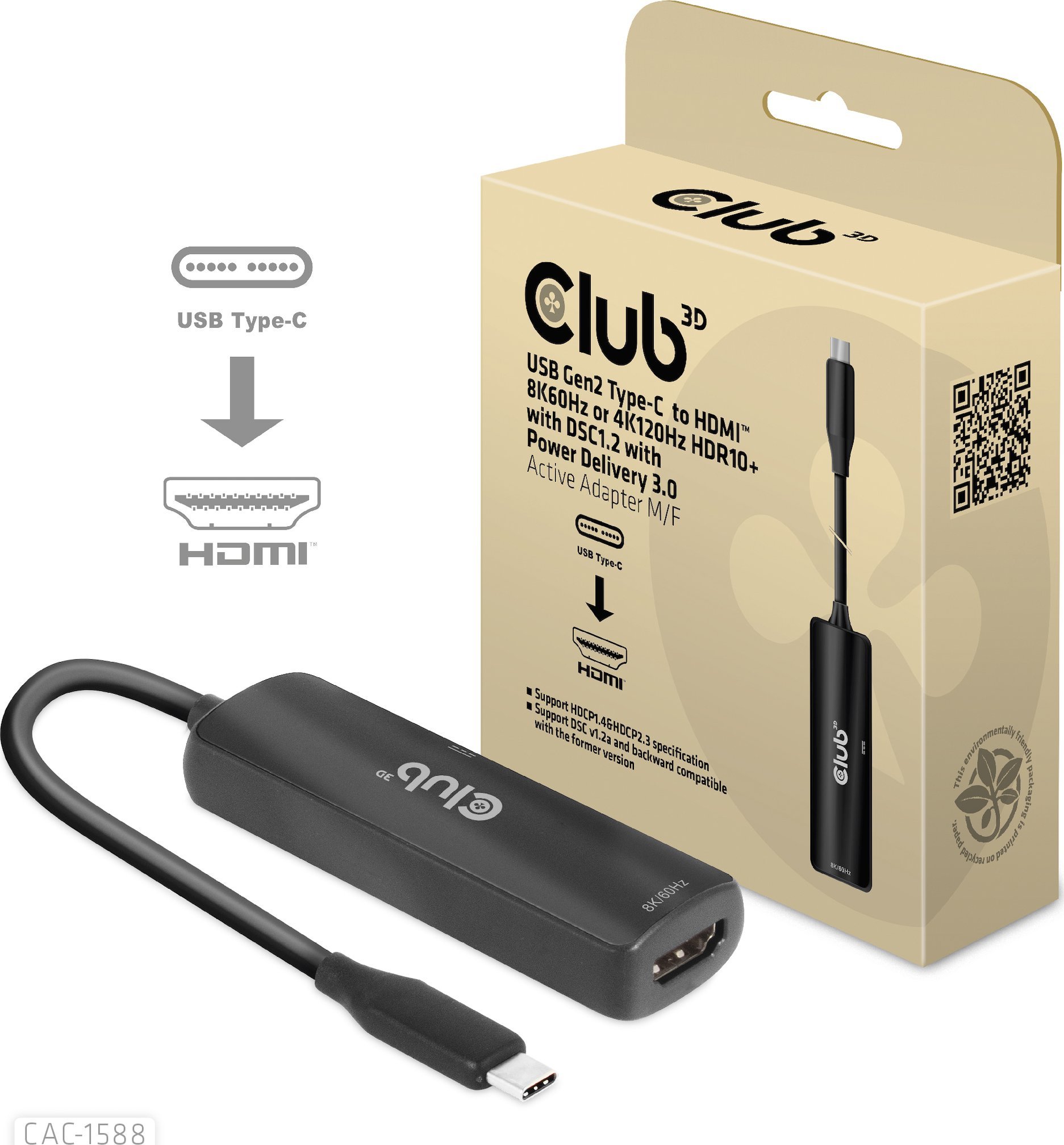 Adapter USB C në HDMI Club 3D CAC 1588, 8K 60Hz, 4K 120Hz, i zi