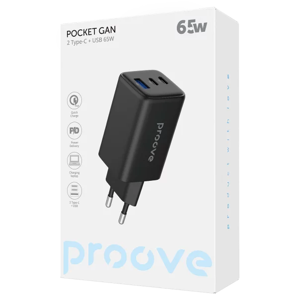 Karikues muri Proove Pocket, 65W, me 2×Type-C dhe USB, i zi