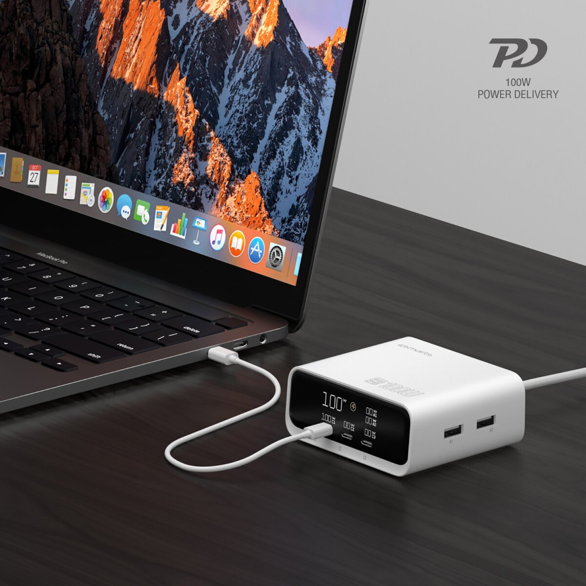 Karikues tavoline 4smarts Desk Charger GaN Screen, 100W, 3x USB C 2x USB A, i bardhë