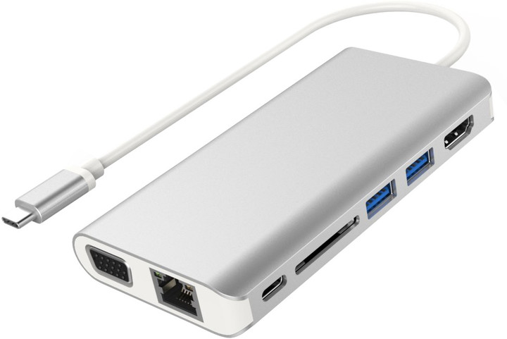 Konvertues PremiumCord USB3.1 type-C në HDMI+VGA+RJ45+2xUSB3.0+SD card +3,5mm+PD charge