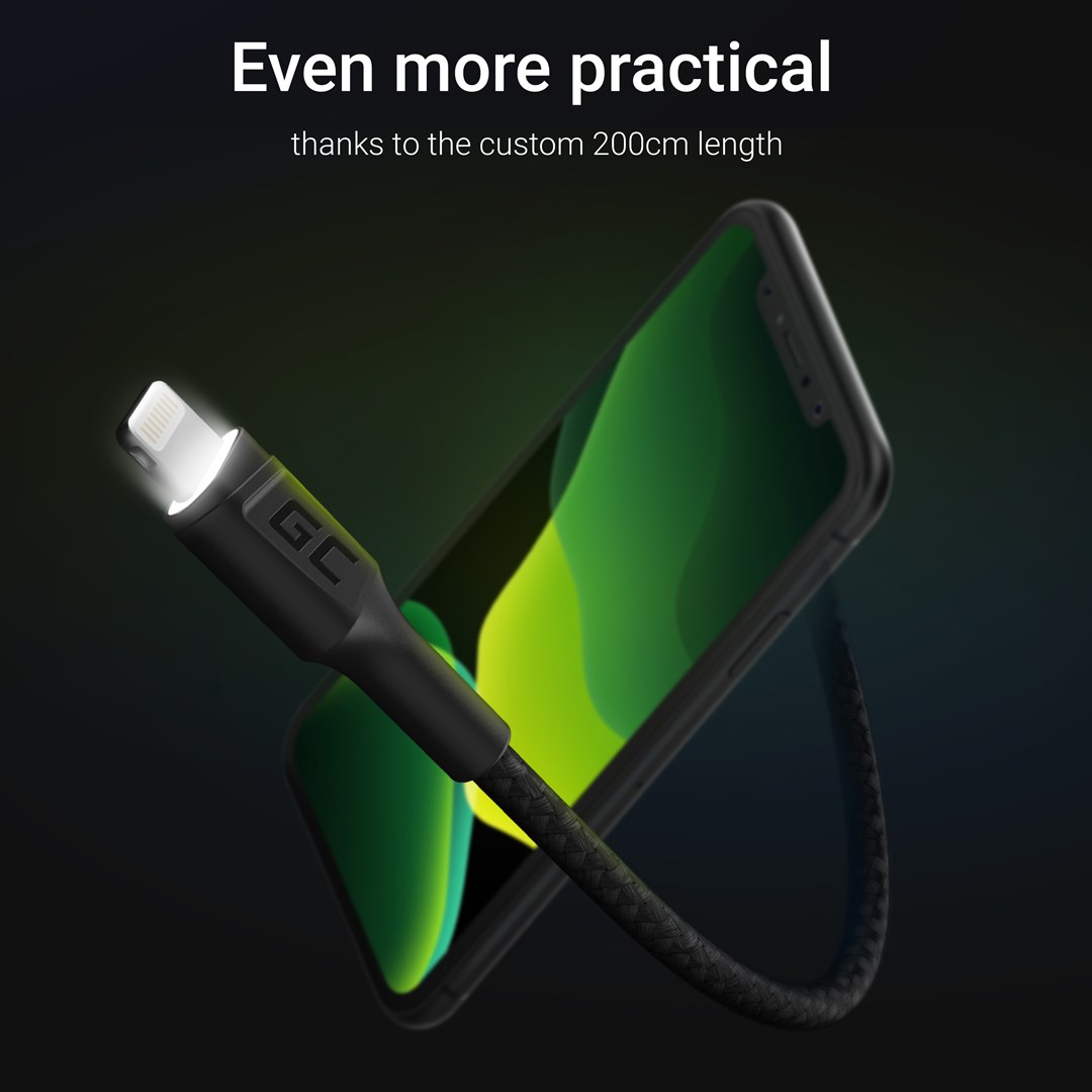 Kabllo Green Cell KABGC12, 2m, Lightning në USB-A, 480 Mbps, e zezë