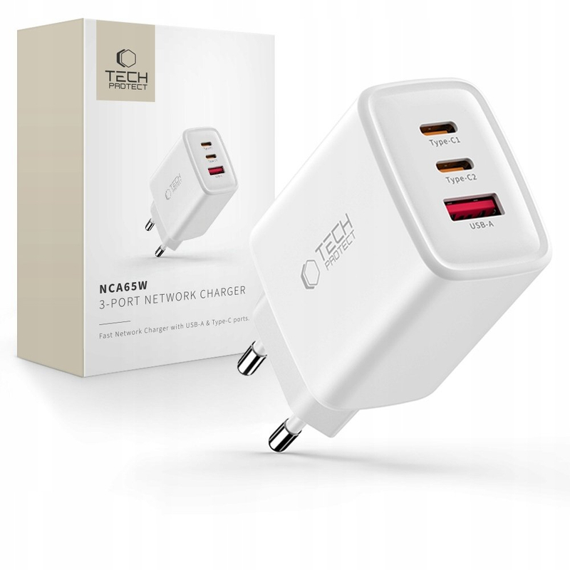 Karikues muri Tech-Protect NCA65W-GAN, 65W, 3 porta USB, i zi