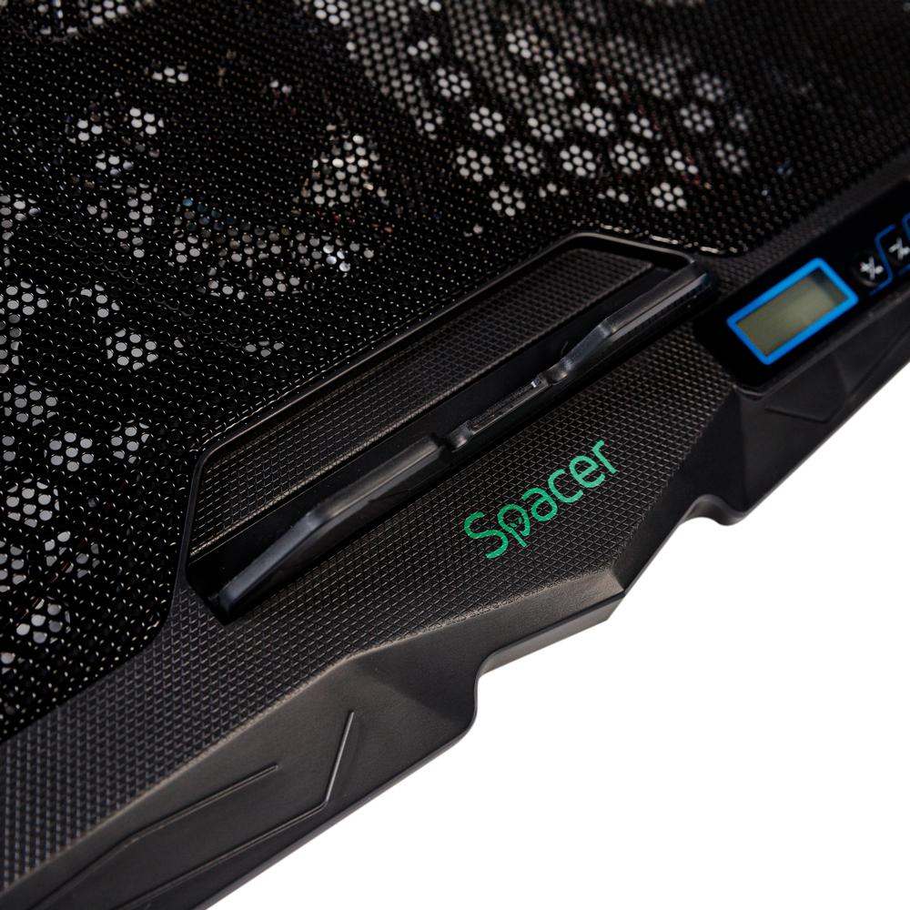 Ftohës për laptop Spacer, 17", 4 ventilatorë LED blu, i zi