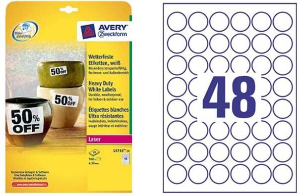 Etiketa vetëngjitëse Avery Zweckform L4716 20 fletë A4, diametër 30mm, të bardha