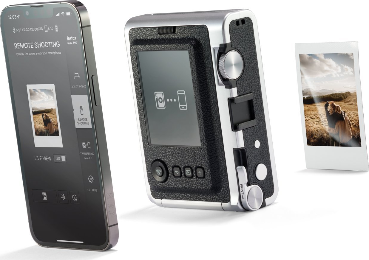 Aparat fotografik instant Fujifilm Instax Mini Evo, USB C, me Bluetooth, kafe