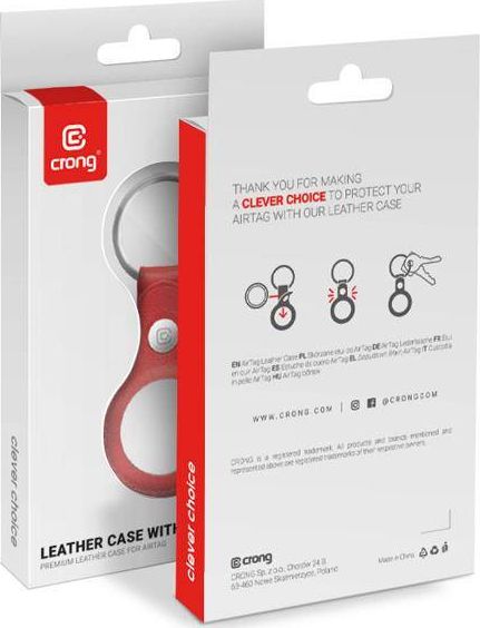 Mbajtëse lëkure për AirTag Crong Leather Case, me unazë çelësash, e kuqe