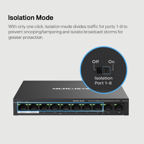 Switch Mercusys 10-Port, 10/100Mbps, 8-Port PoE+, i zi
