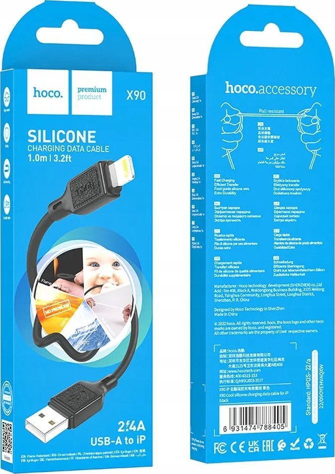 Kabllo karikimi Hoco X90, USB A në Lightning, 1 m, 2.4A, e zezë