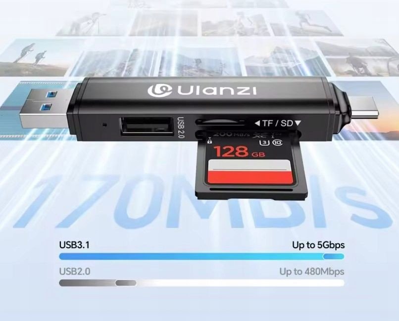 Читач на картички Уланзи CR1 3 во 1, УСБ, за SD и microSD, црн