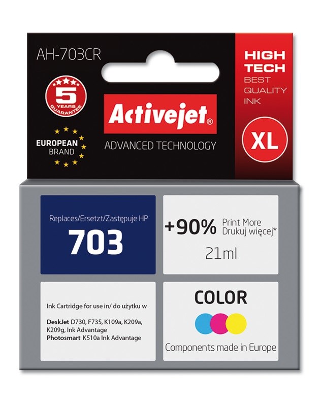 Ngjyrë për printer Activejet AH-703CR (zëvendësim për HP 703 CD888AE), 21 ml, e kaltër / vjollcë /  e verdhë