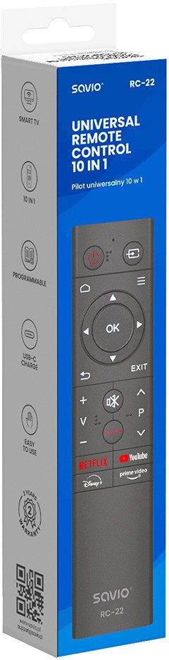 Telekomandë universale Savio RC-22, 10 në 1, USB C, e zezë