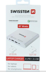 Karikues për notebook Swissten 87W, 2x USB, 2x USB C, i bardhë