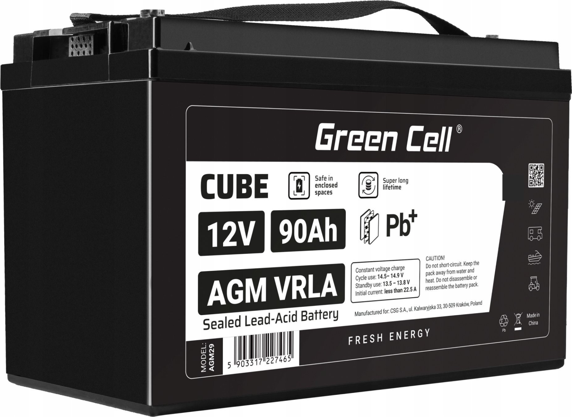 Bateri AGM Greencell VRLA 12V 90Ah, pa mirëmbajtje, gri