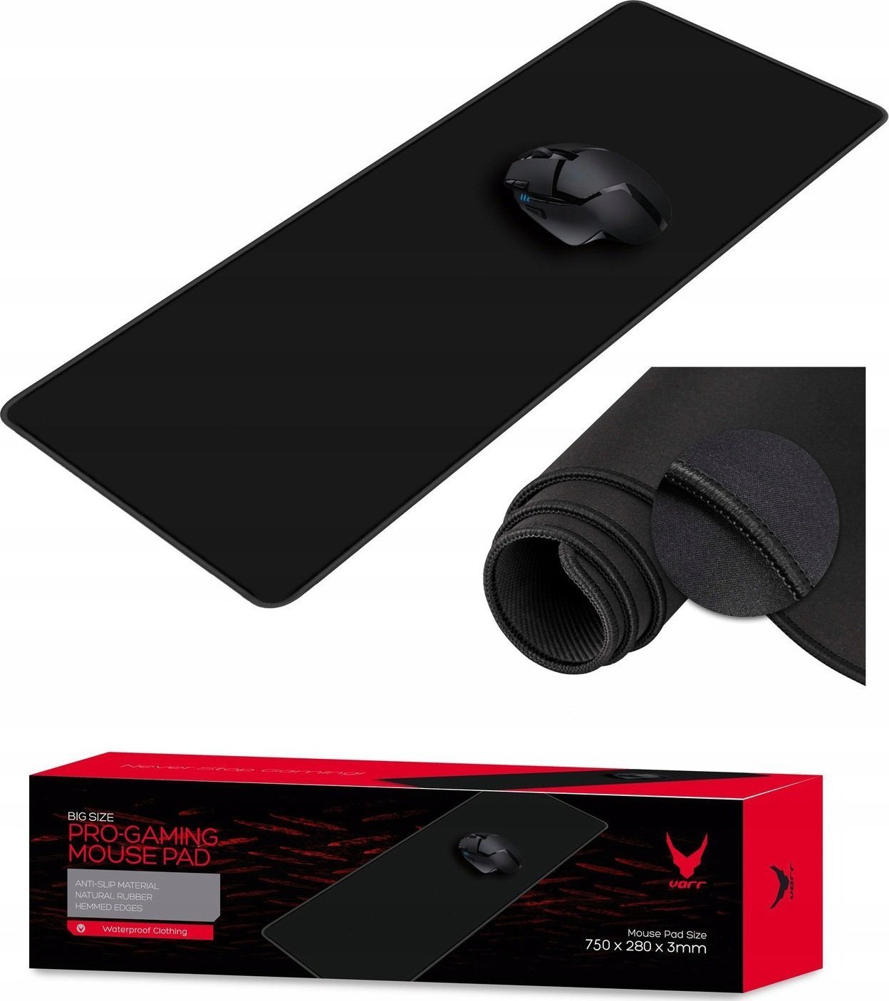 Mousepad gaming Varr, 780x280x3mm, gomë natyrale antirrëshqitëse, i zi