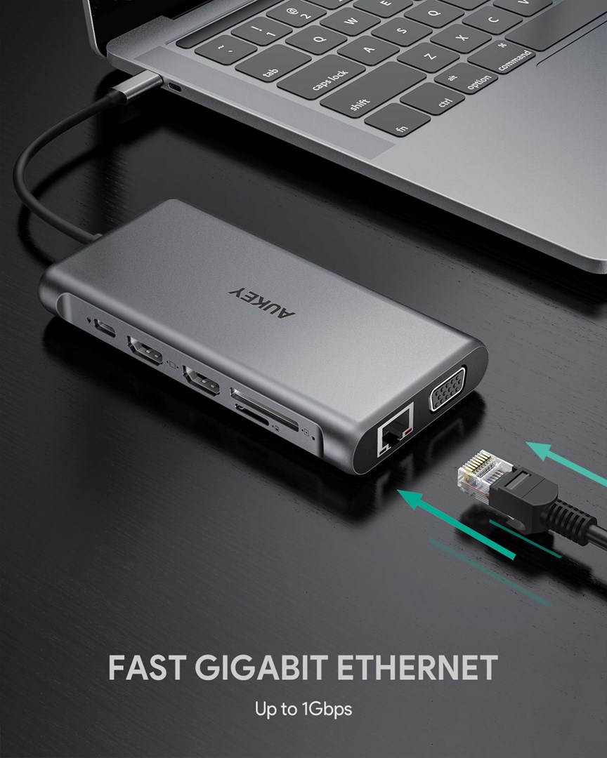 USB Hub Aukey CB-C78, 12-në-1, 5000 Mbit/s, RJ45, USB-C, i argjendtë