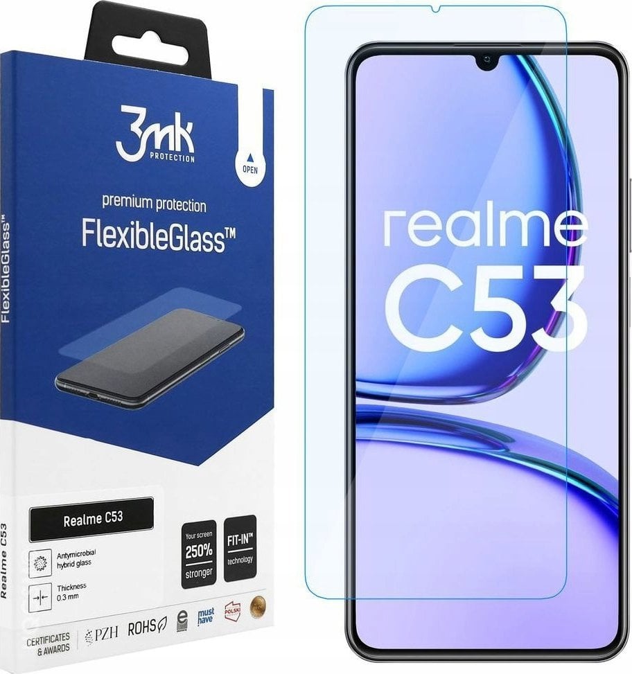 Mbrojtës ekrani 3MK FlexibleGlass për Realme C53, xham hibrid, transparent