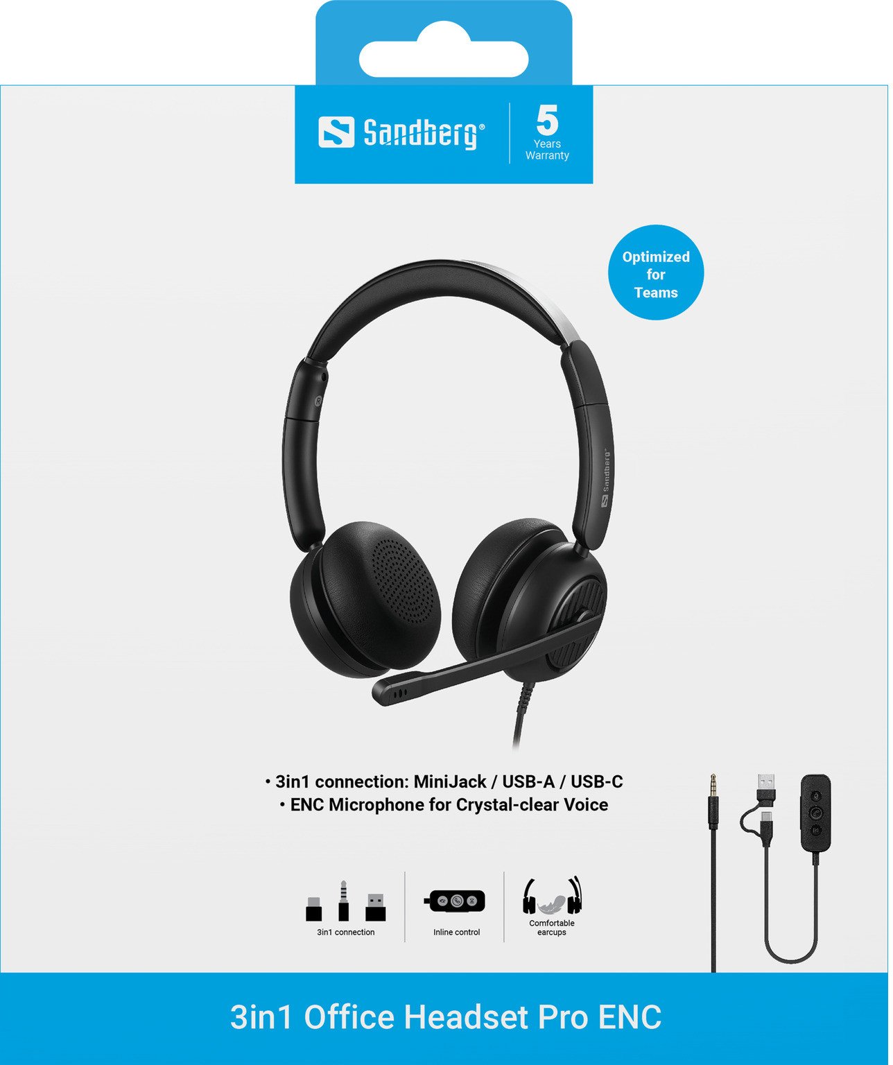 Kufje Sandberg 3in1 Office Headset Pro ENC, me mikrofon, lidhje 3.5mm USB A USB C, e zezë