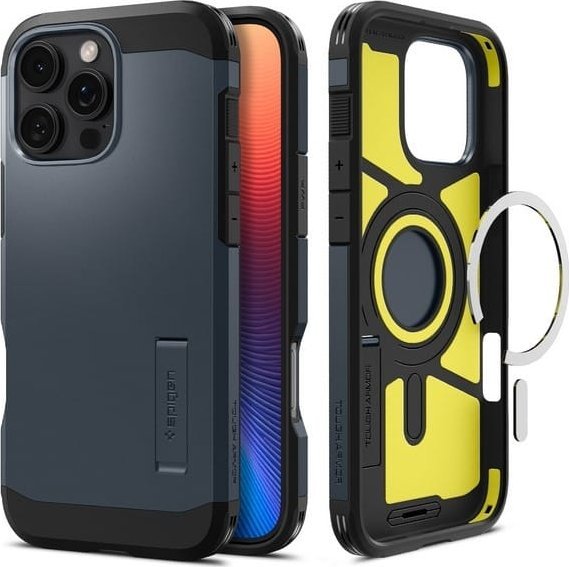 Kapak telefoni Spigen Tough Armor MagSafe, për iPhone 16 Pro, me mbajtës, Metal Slate