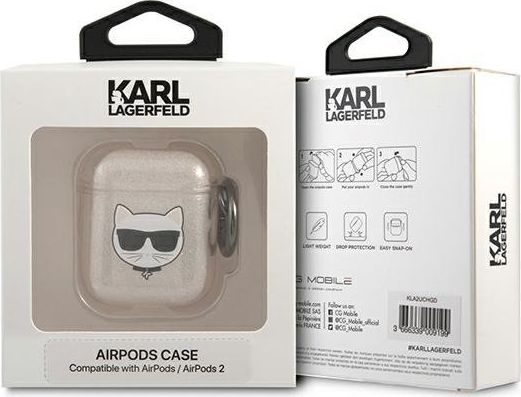 Mbulesë mbrojtëse për AirPods Karl Lagerfeld KLA2UCHGD Glitter Choupette, TPU, për AirPods 1/2, bezhë