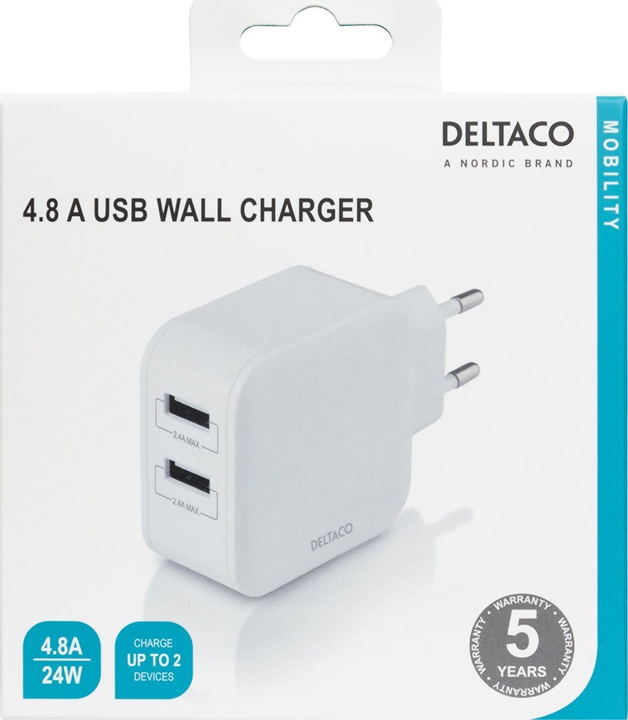 Karikues muror DELTACO, 2 porta USB A, 4.8A 24W, i bardhë