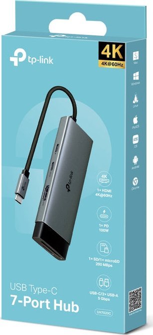 USB C хаб TP Link UH7020C, 7 порти, HDMI 4K, сива