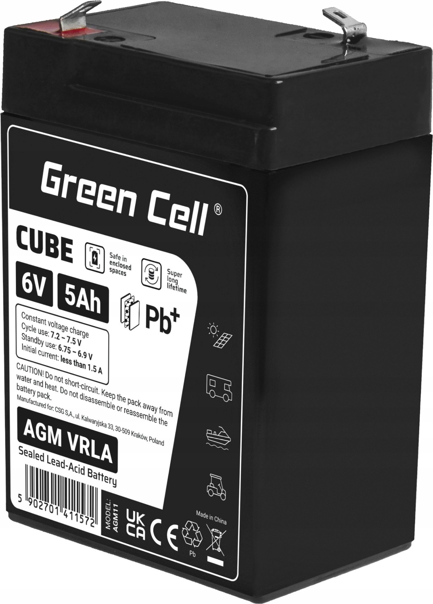 Bateri AGM Greencell 6V 5Ah, VRLA, pa mirëmbajtje, e zezë