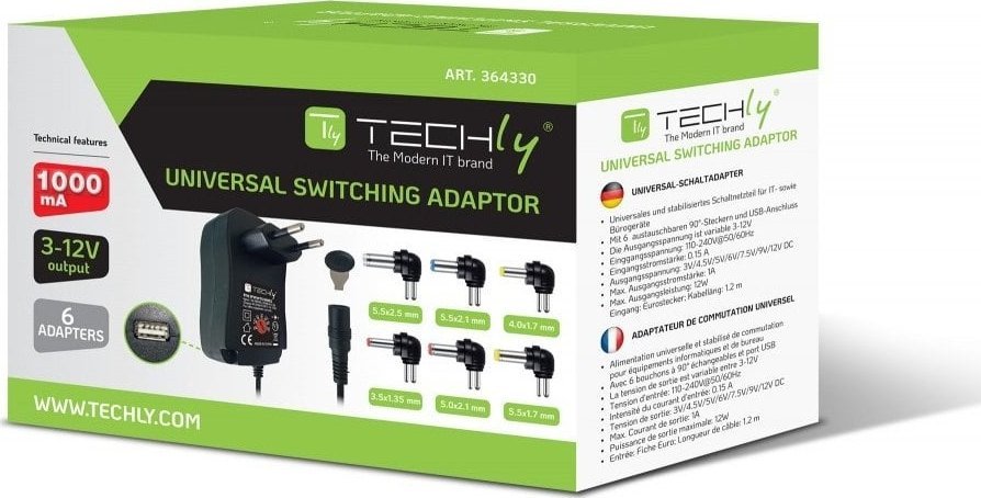 Adapter universal rryme Techly IPW NTS1000G2, 3 12V 1A 12W, USB 5V 2.1A, i zi