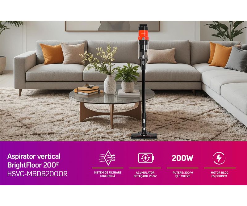 Вертикална правосмукалка Heinner HSVC-MBDB200OR BrightFloor, батерија 50 мин, HEPA филтер, портокалова