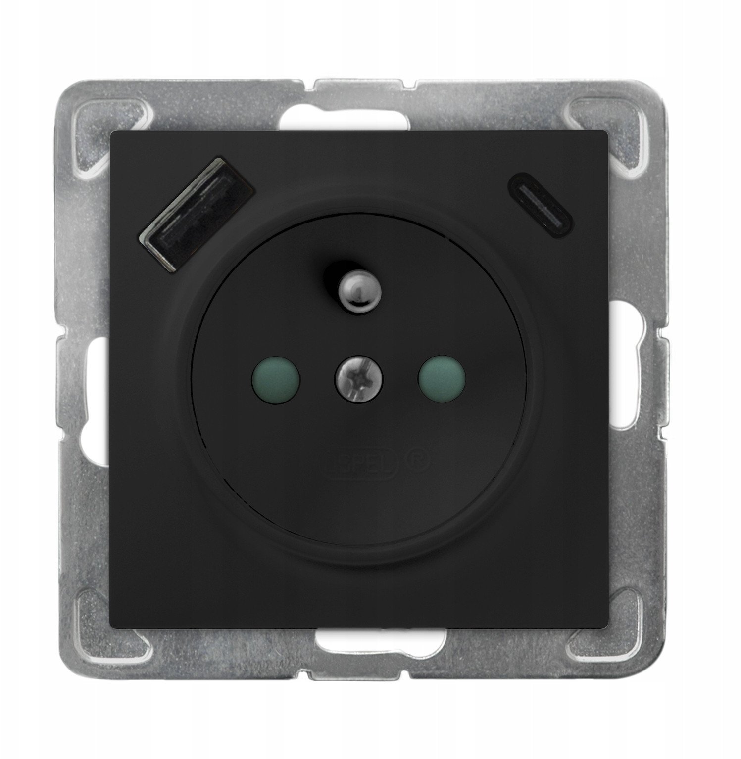 Една приклучница со заземјување USB A C, 16A 230V, полнач 20W, црна