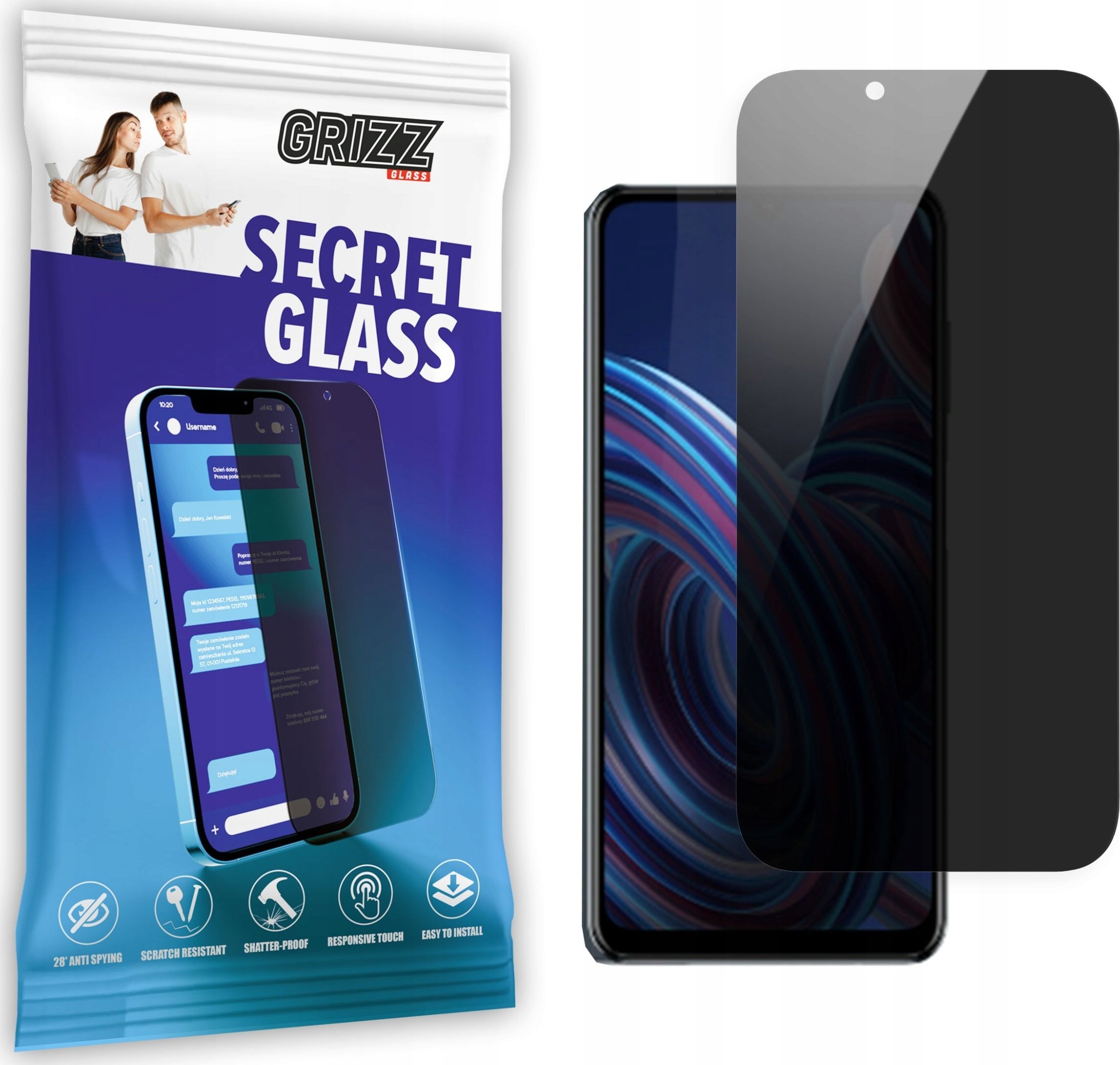 Xham mbrojtës Grizz SecretGlass për ZTE Blade A72 5G, privacy, transparent