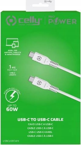 Kabllo USB C Celly, USB C në USB C, 60W, 1m, e bardhë