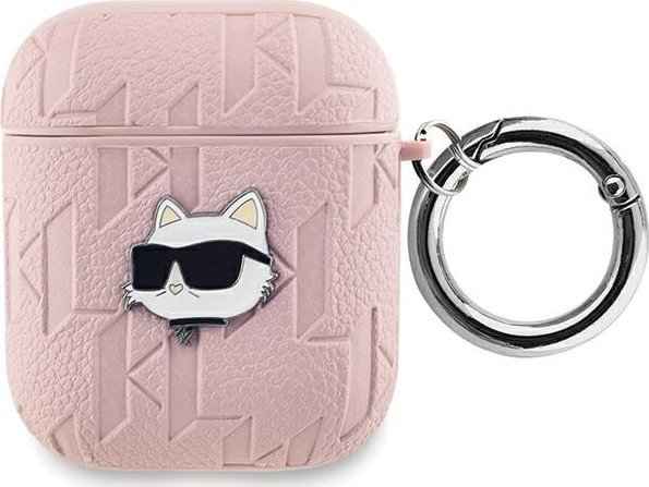 Mbulesë Karl Lagerfeld PU Embossed Choupette Head për AirPods 1/2, silikon, rozë
