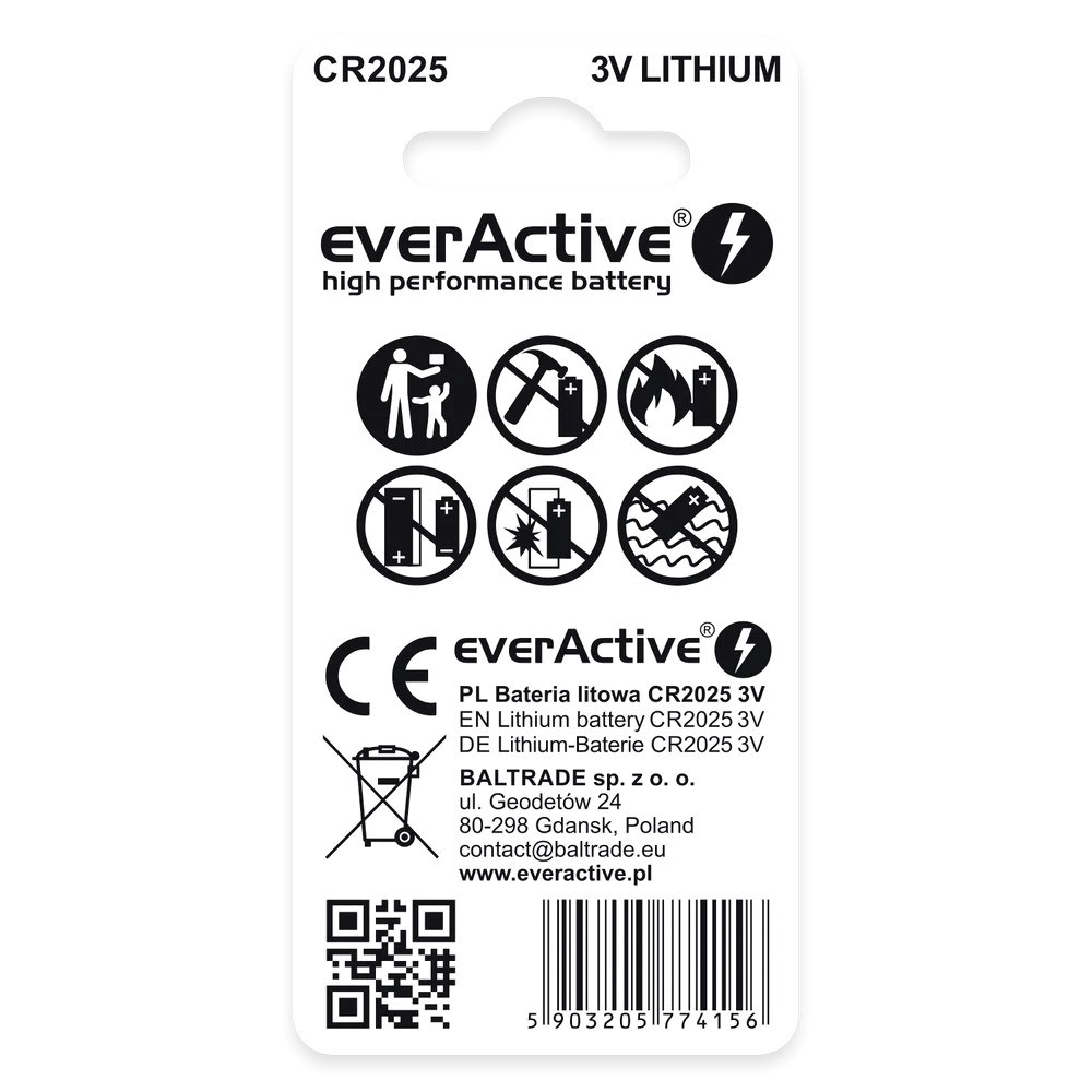 Bateri litium EverActive CR2025, 3V, set 2 copë, argjendtë