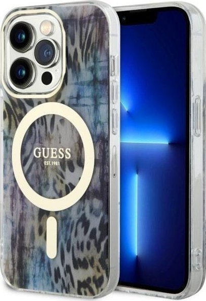 Mbulesë telefoni Guess Leopard MagSafe, iPhone 14 Pro Max, polikarbonat dhe TPU, blu