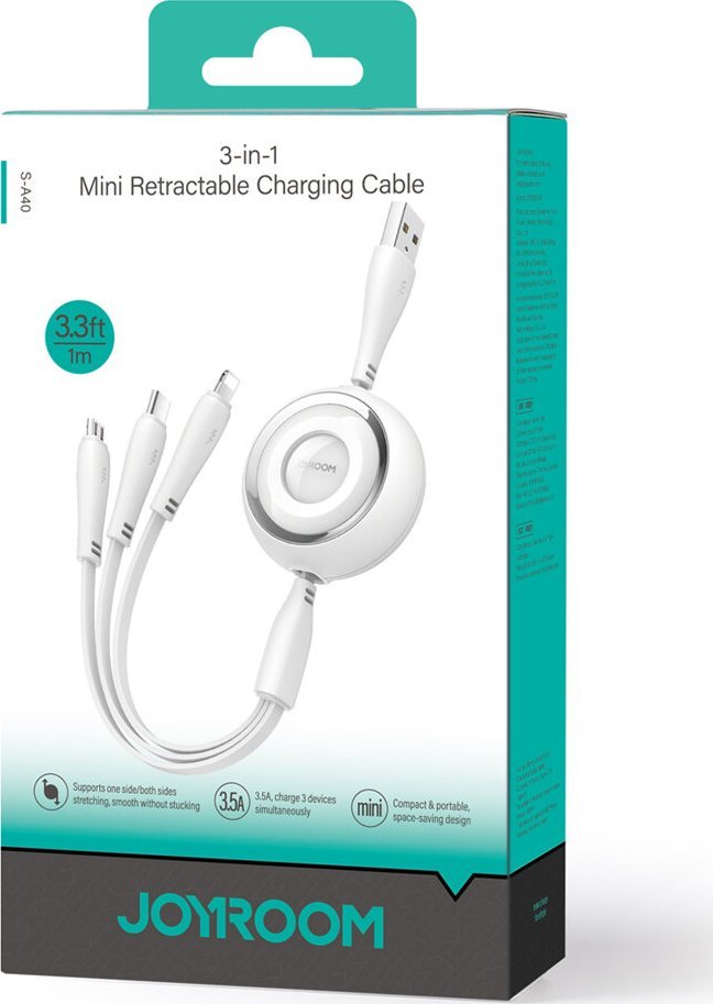 Kabllo karikimi Joyroom S-A40 Colorful Series, 3in1 USB-A në USB-C Lightning microUSB, 1m, e bardhë