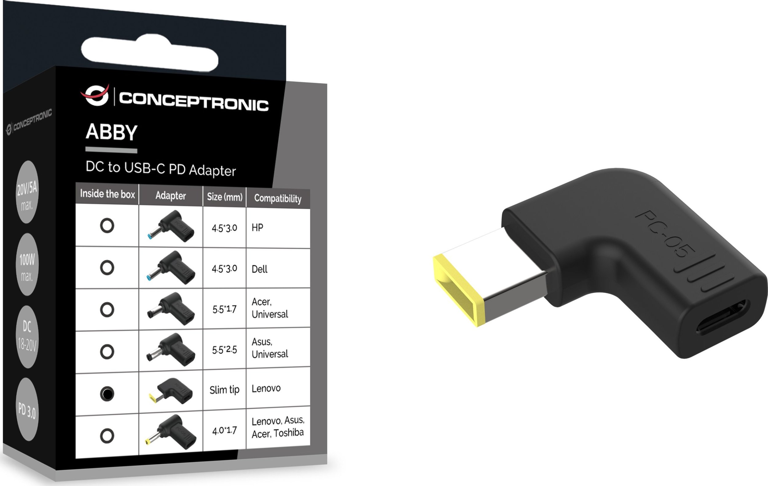 Adapter DC në USB C Conceptronic ABBY15PC05, për Lenovo Slim Tip, 18 20V, i zi